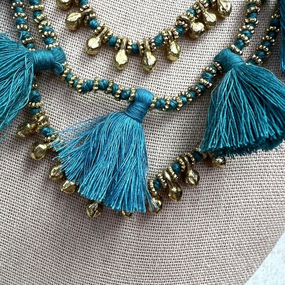 Bluma Project Luna Necklace Blue Tassel Gold Tone Triple Strand Statement - Picture 3 of 7
